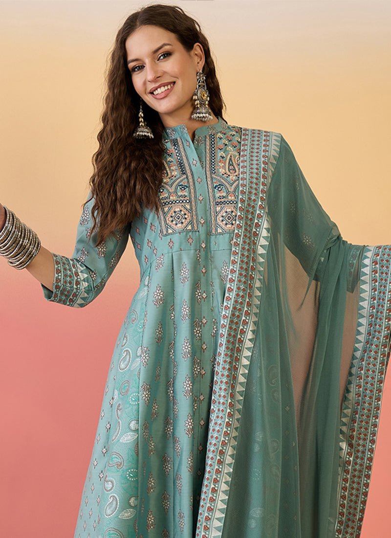 Light Teal Green Roman Silk Embroidered Palazzo Suit