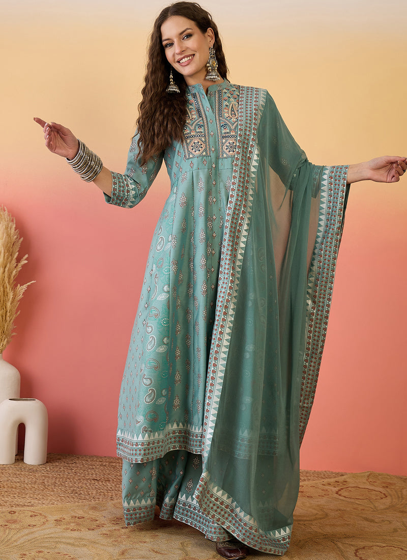 Light teal green Roman silk embroidered A-line kurta with matching palazzo suit