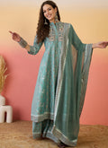 Light teal green Roman silk embroidered A-line kurta with matching palazzo suit