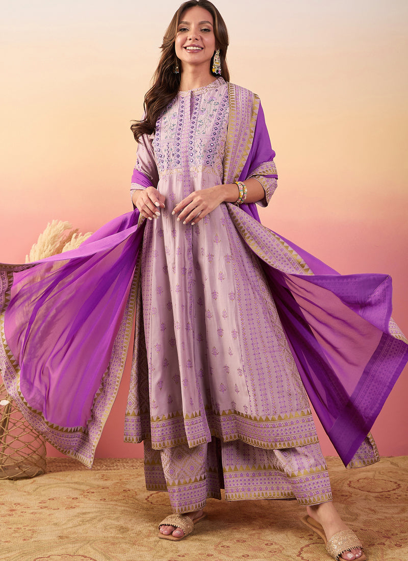 Baby Pink Roman Silk A-line kurta with embroidery paired with palazzo pants and a dupatta.