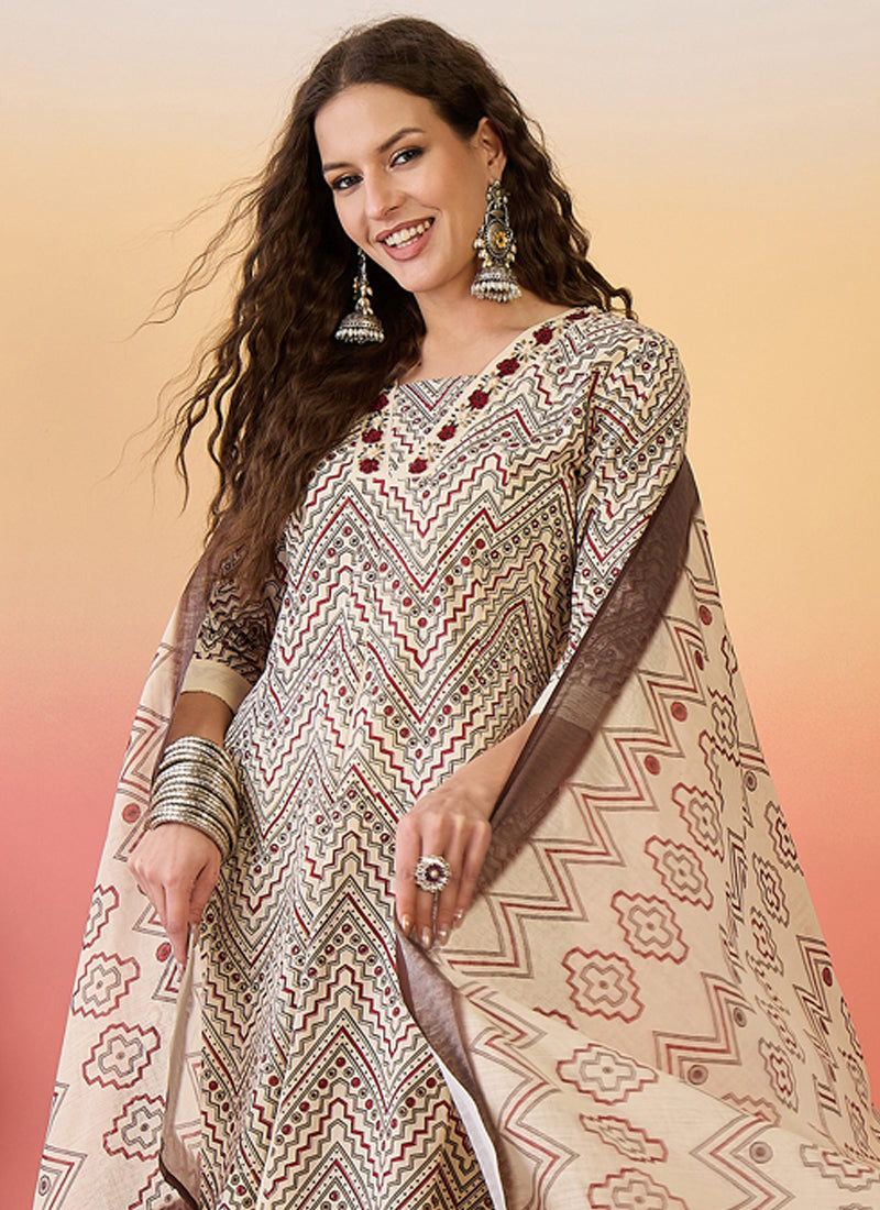 Cream Roman Silk A-Line Embroidered Palazzo Suit Set