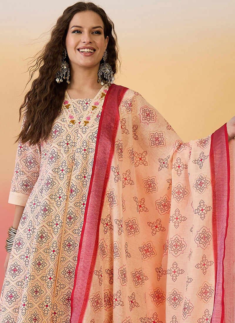 Cream Roman Silk Embroidered A-Line Palazzo Suit Set