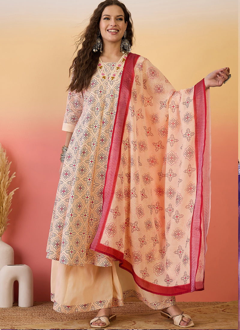Elegant cream Roman silk A-line kurta paired with palazzo pants and matching dupatta