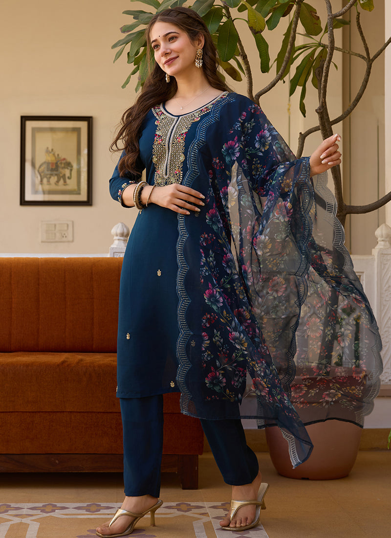 Navy Blue Viscose Silk Designer Suit with Beads Work