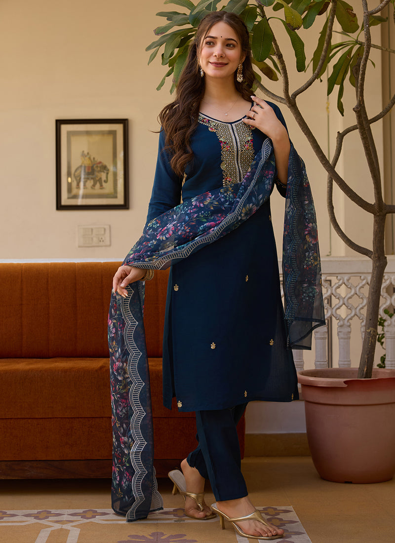 Navy Blue Viscose Silk Designer Suit with Beads Work