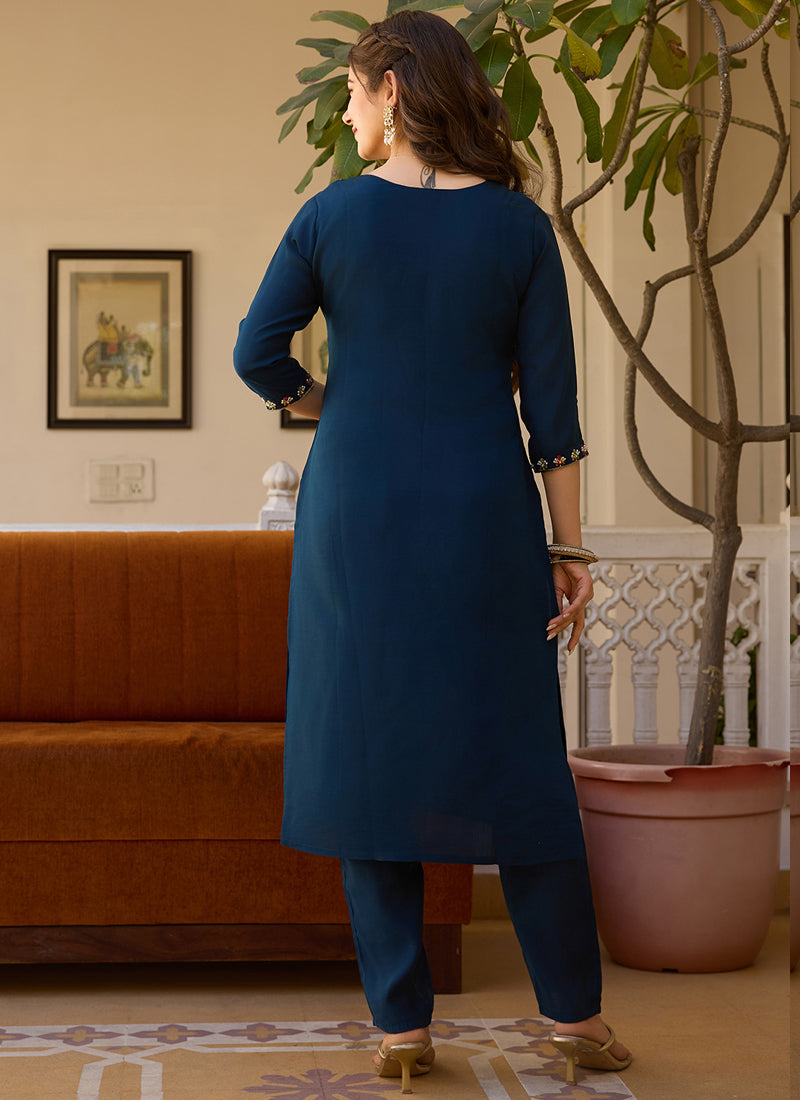 Navy Blue Viscose Silk Designer Suit with Beads Work