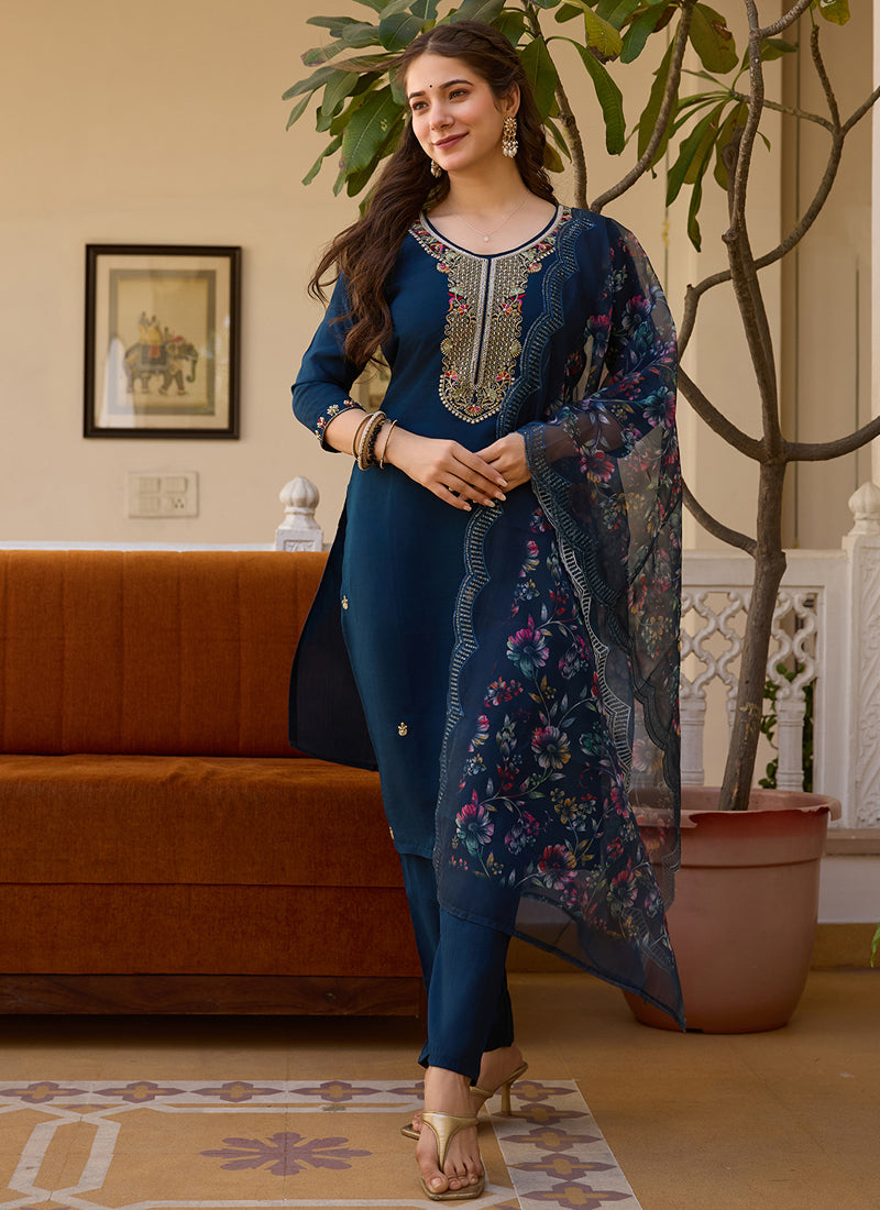 Elegant navy blue viscose silk designer suit with detailed beads work