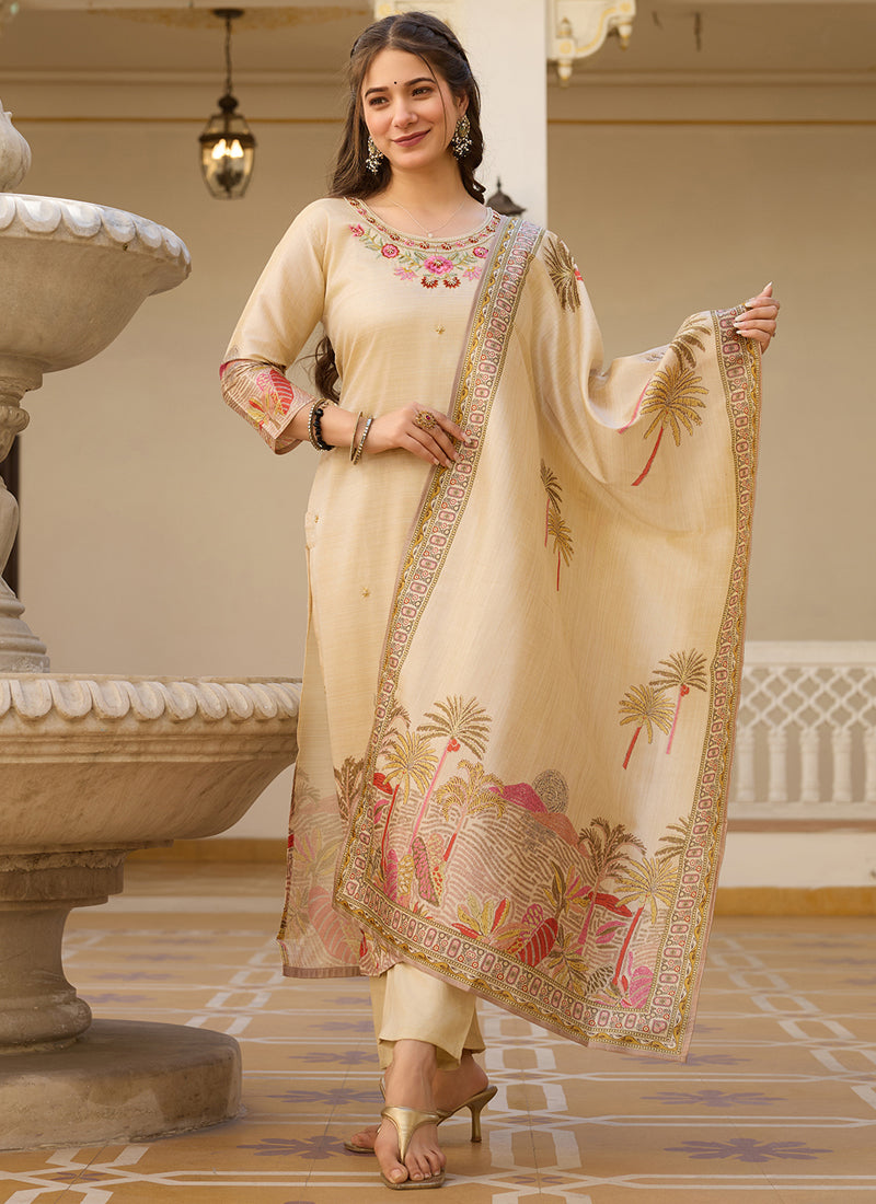 Cream Viscose Silk Beads Work Designer Suit Set