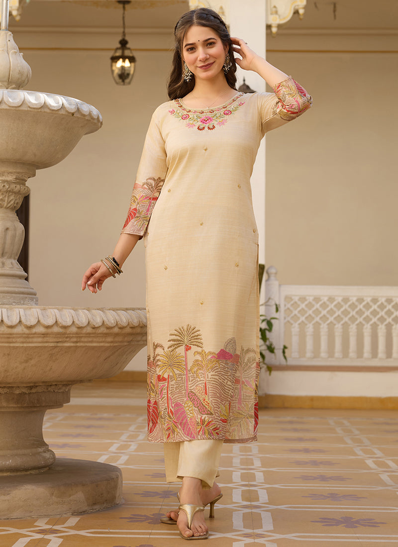 Cream Viscose Silk Beads Work Designer Suit Set