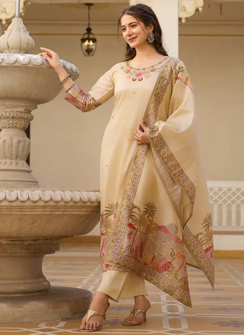 Cream viscose silk designer suit with intricate beads and gota patti