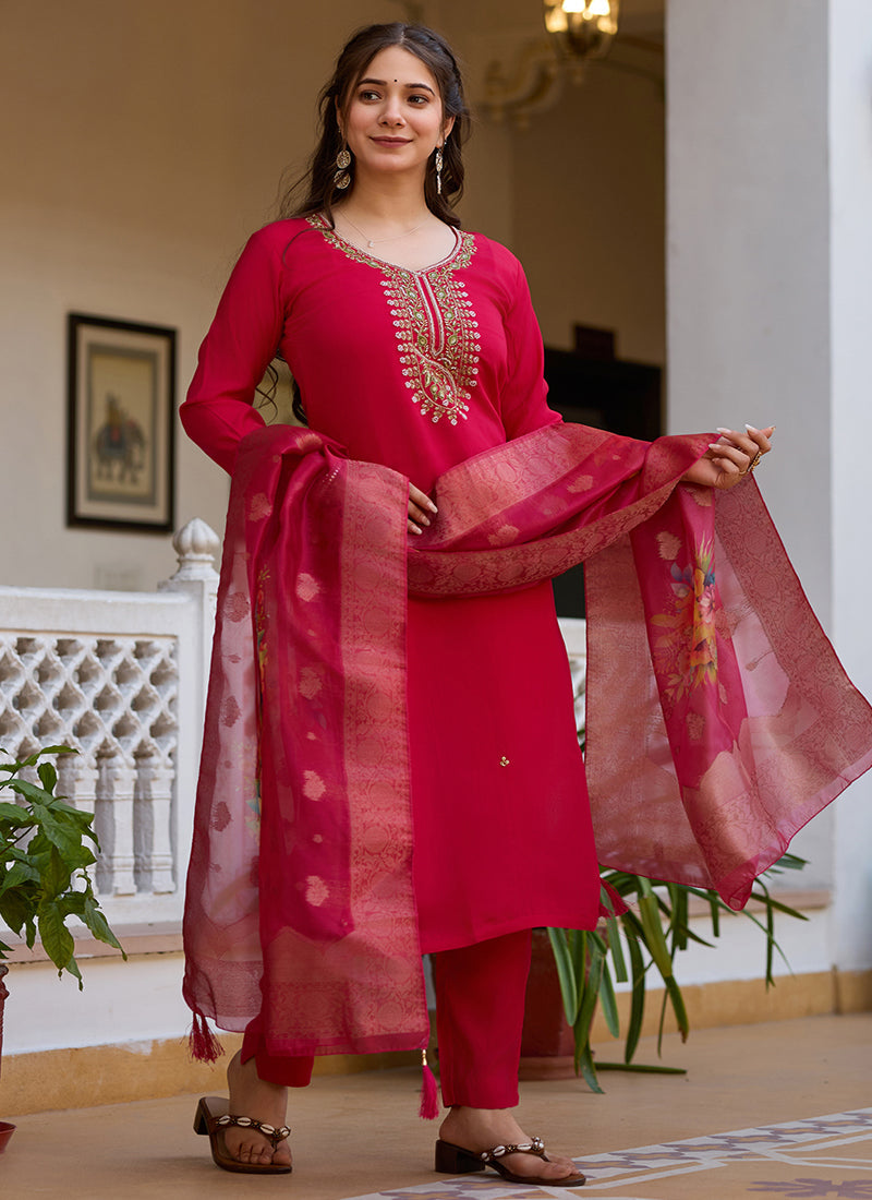 Red Viscose Silk Designer Salwar Suit with Beads Work