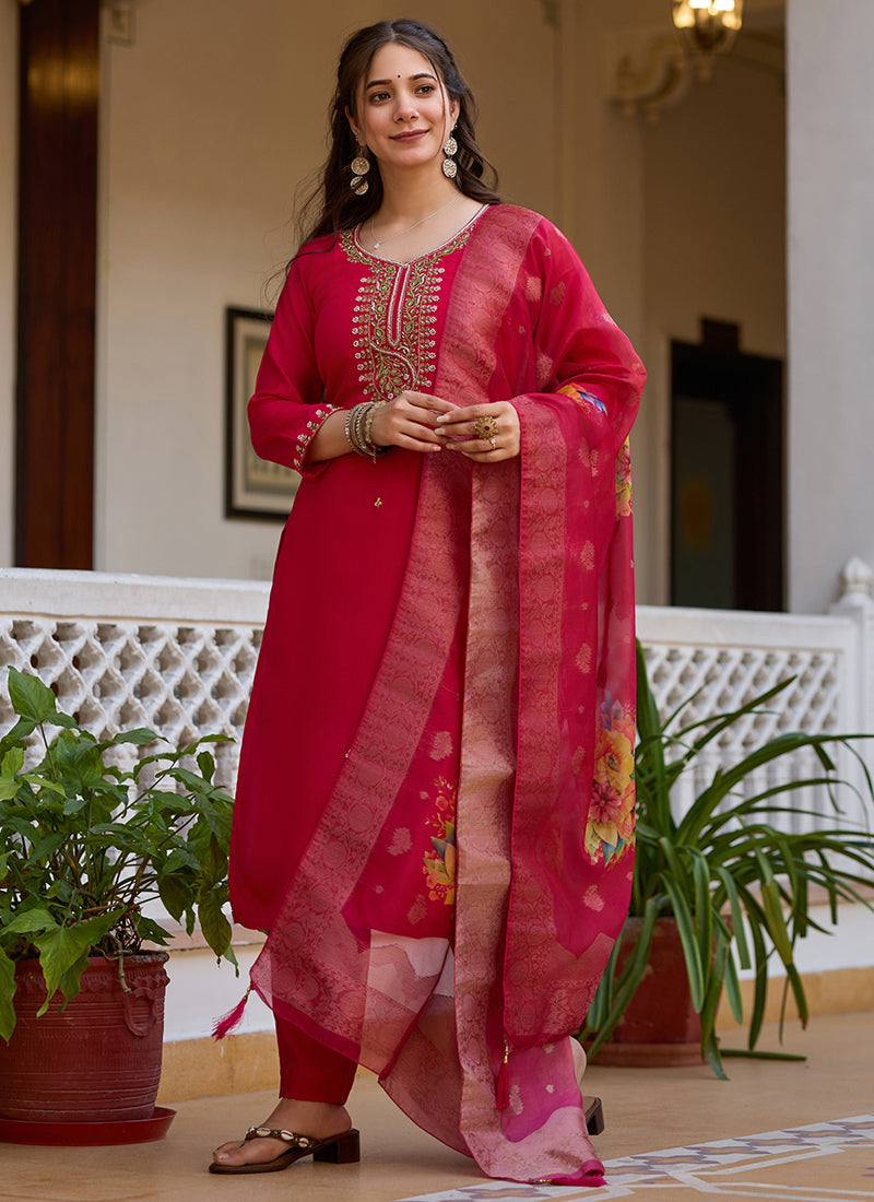 Red Viscose Silk Designer Salwar Suit with Beads Work
