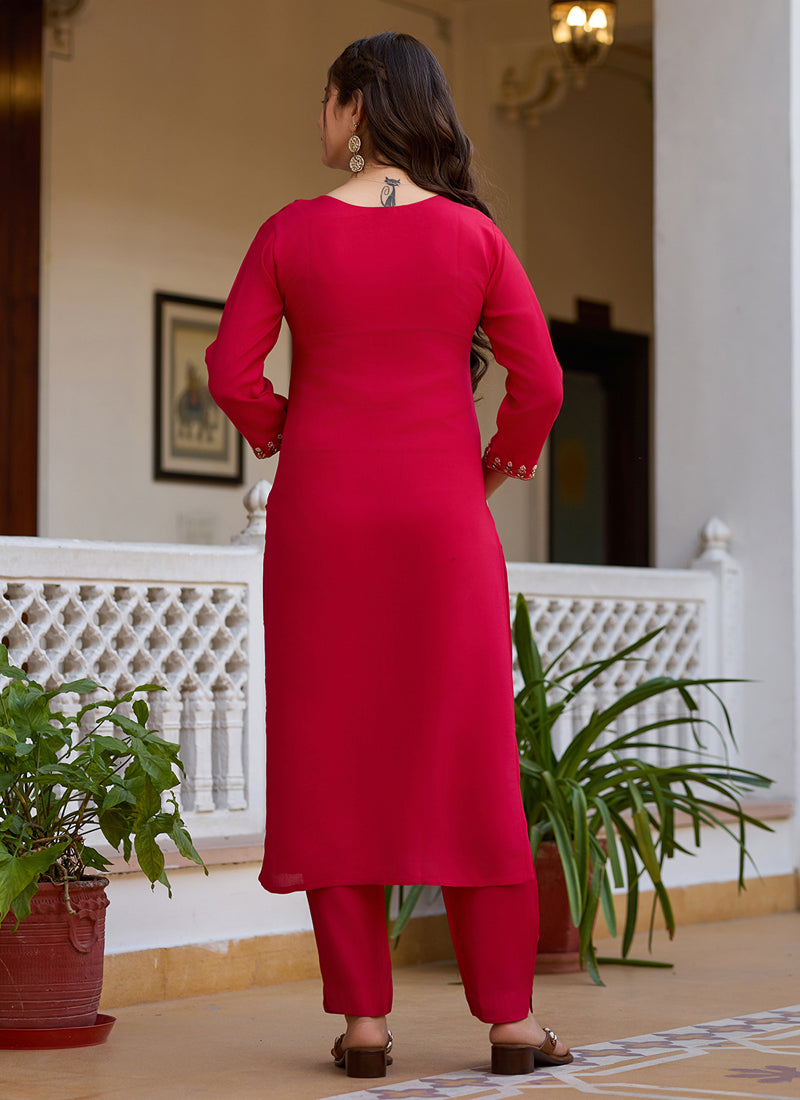 Red Viscose Silk Designer Salwar Suit with Beads Work