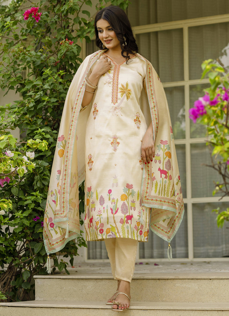 Cream Viscose Silk Beads Work Designer Salwar Suit