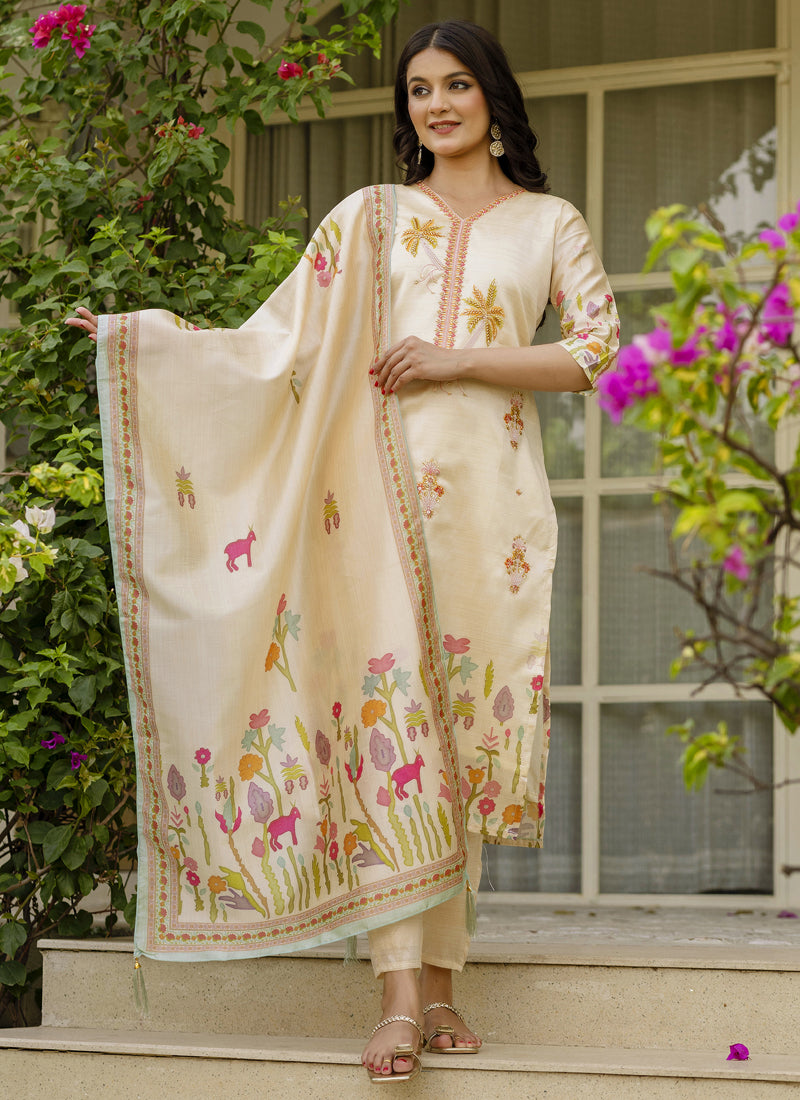 Cream Viscose Silk Beads Work Designer Salwar Suit