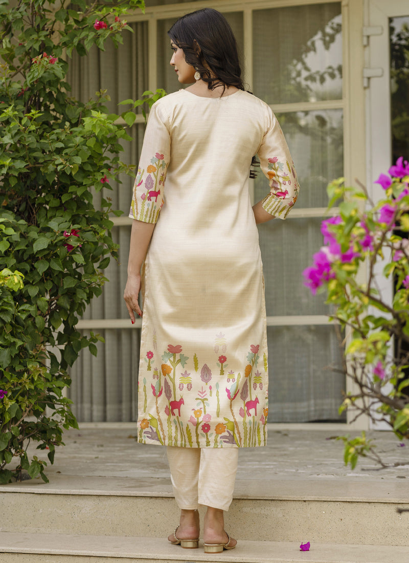 Cream Viscose Silk Beads Work Designer Salwar Suit