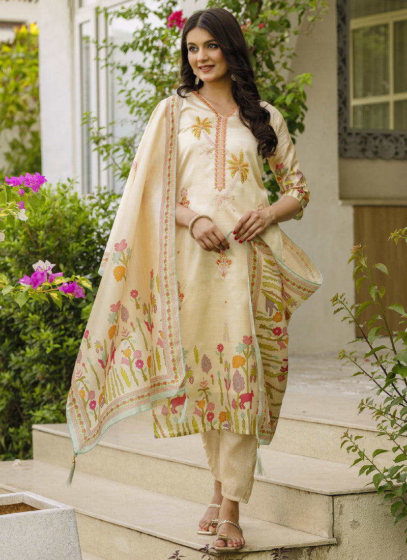 Cream Viscose Silk Salwar Suit featuring intricate beads work and gota patti