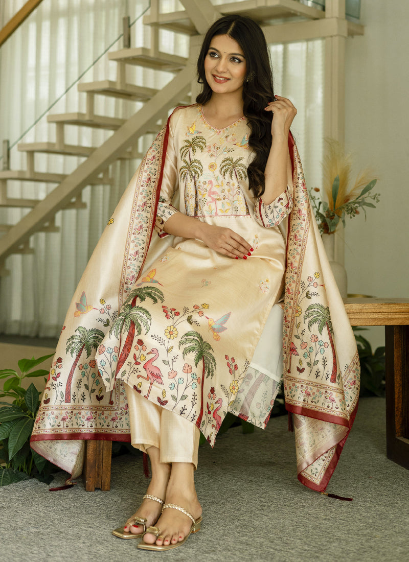 Cream Viscose Silk Designer Salwar Suit with Beads Work
