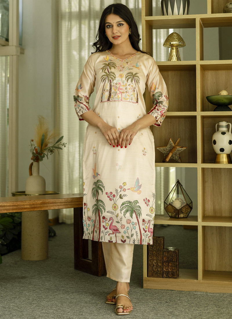 Cream Viscose Silk Designer Salwar Suit with Beads Work