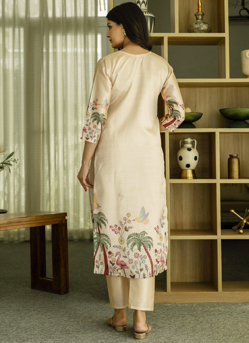 Cream Viscose Silk Designer Salwar Suit with Beads Work