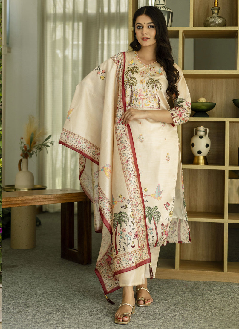 Cream Viscose Silk designer salwar suit with intricate beadwork and embroidery