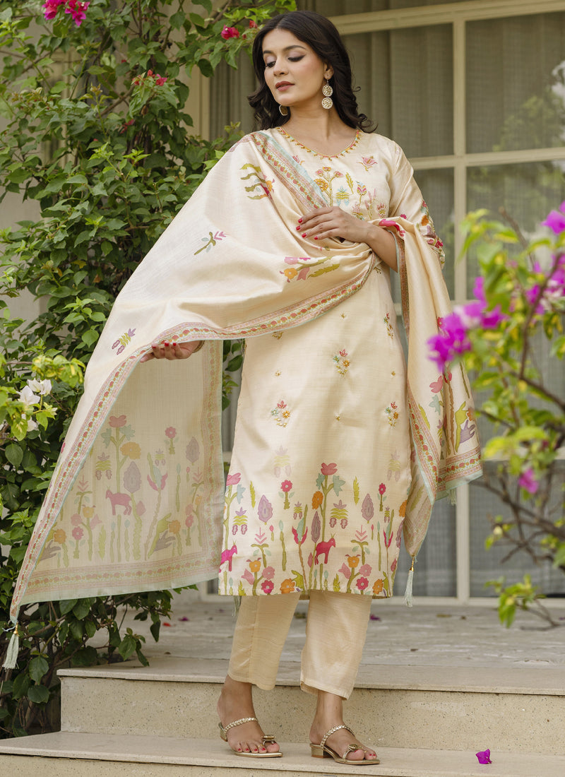 Cream Viscose Silk Designer Suit with Gota Patti & Embroidery