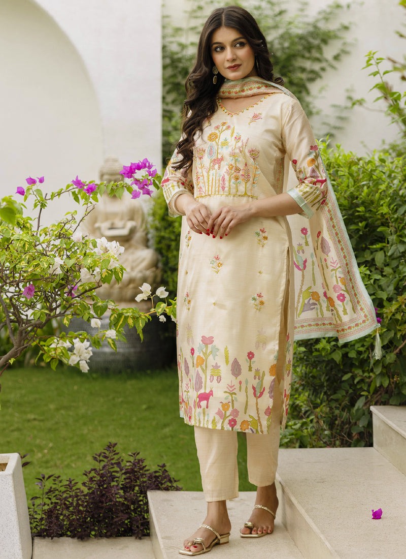 Cream Viscose Silk Designer Suit with Gota Patti & Embroidery