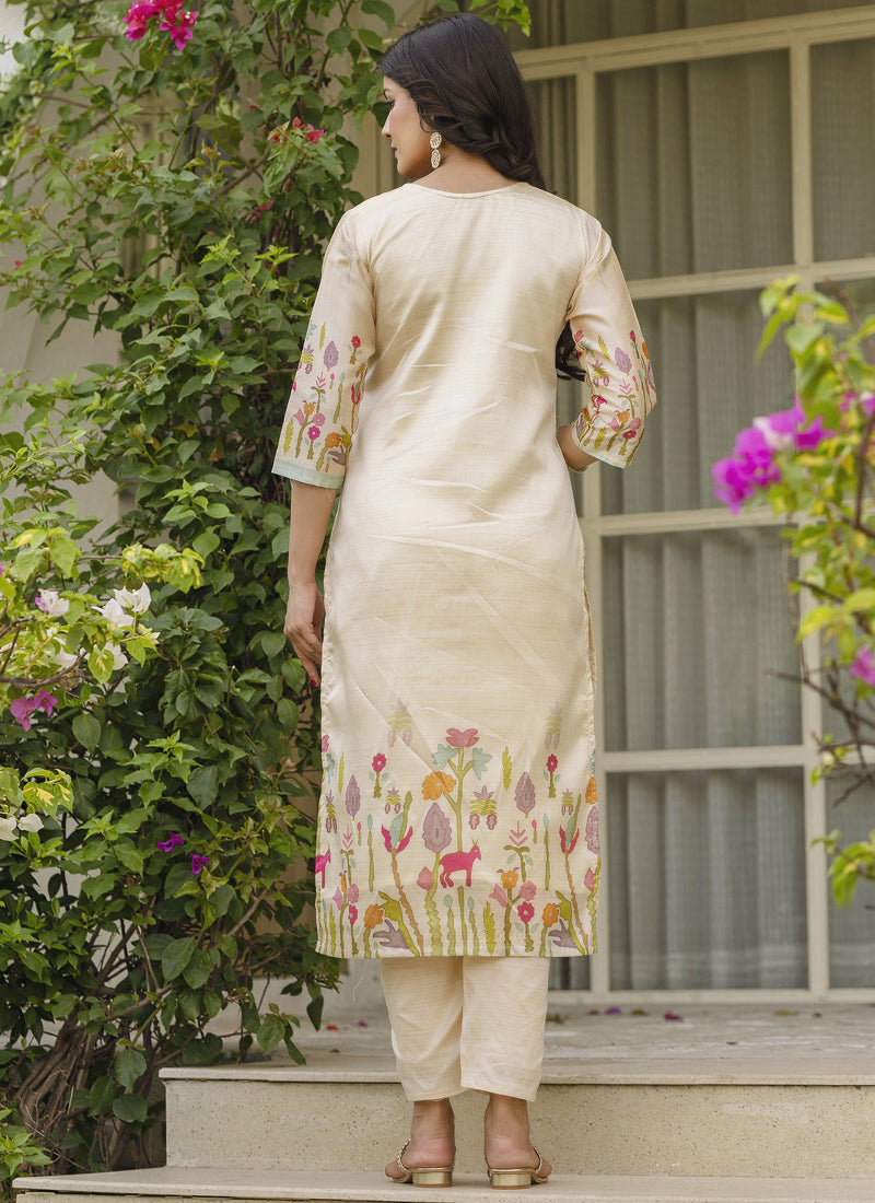 Cream Viscose Silk Designer Suit with Gota Patti & Embroidery
