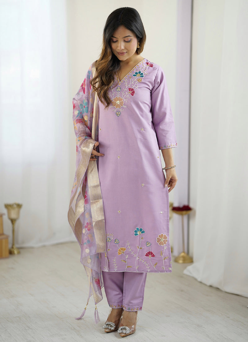 Lavender Viscose Silk Designer Salwar Suit with Beads Work