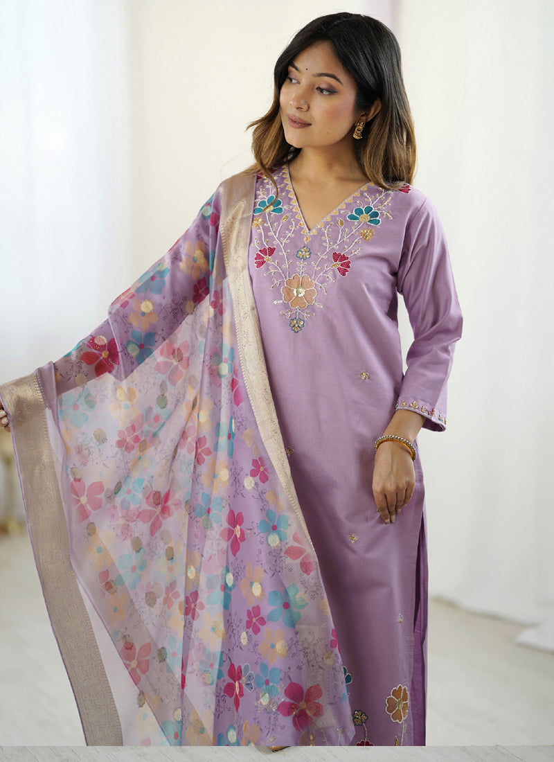 Lavender Viscose Silk Designer Salwar Suit with Beads Work