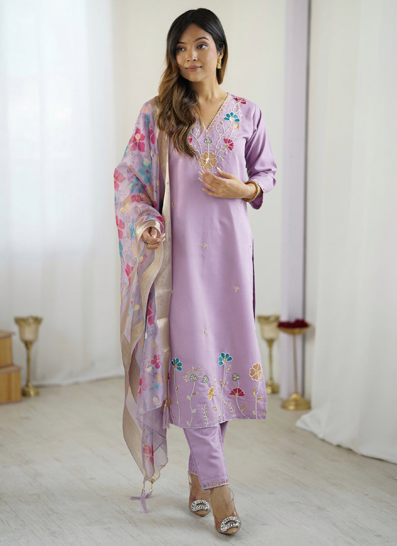 Lavender Viscose Silk designer salwar suit adorned with detailed beadwork