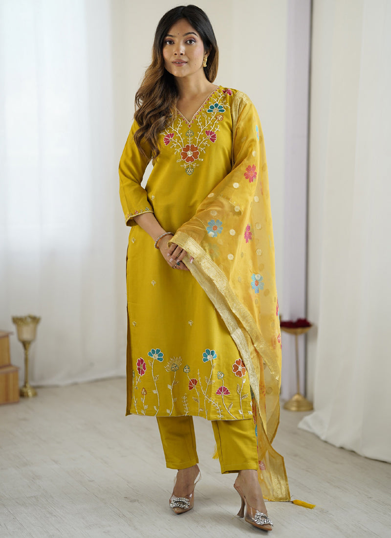 Yellow Viscose Silk Designer Suit with Bead Work