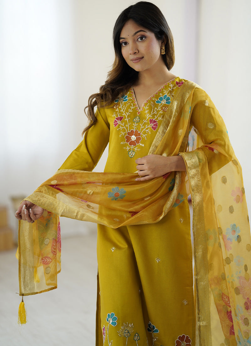 Yellow Viscose Silk Designer Suit with Bead Work