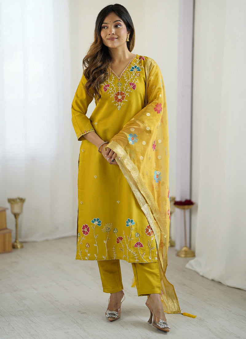Bright yellow viscose silk designer salwar suit with intricate bead embroidery
