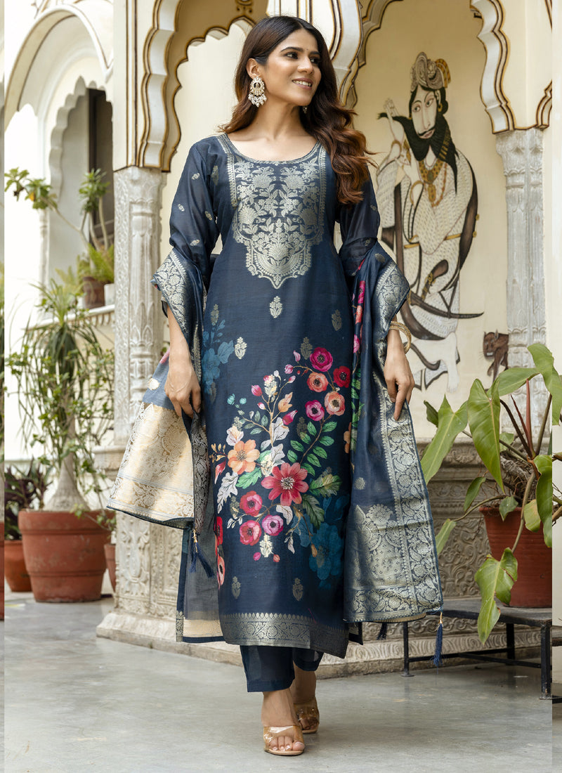 Grey Viscose Silk Designer Suit with Gota Patti & Embroidery