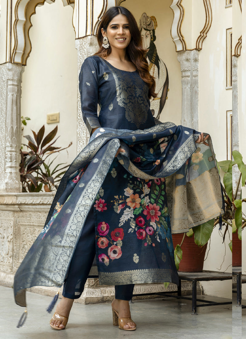 Grey Viscose Silk Designer Suit with Gota Patti & Embroidery