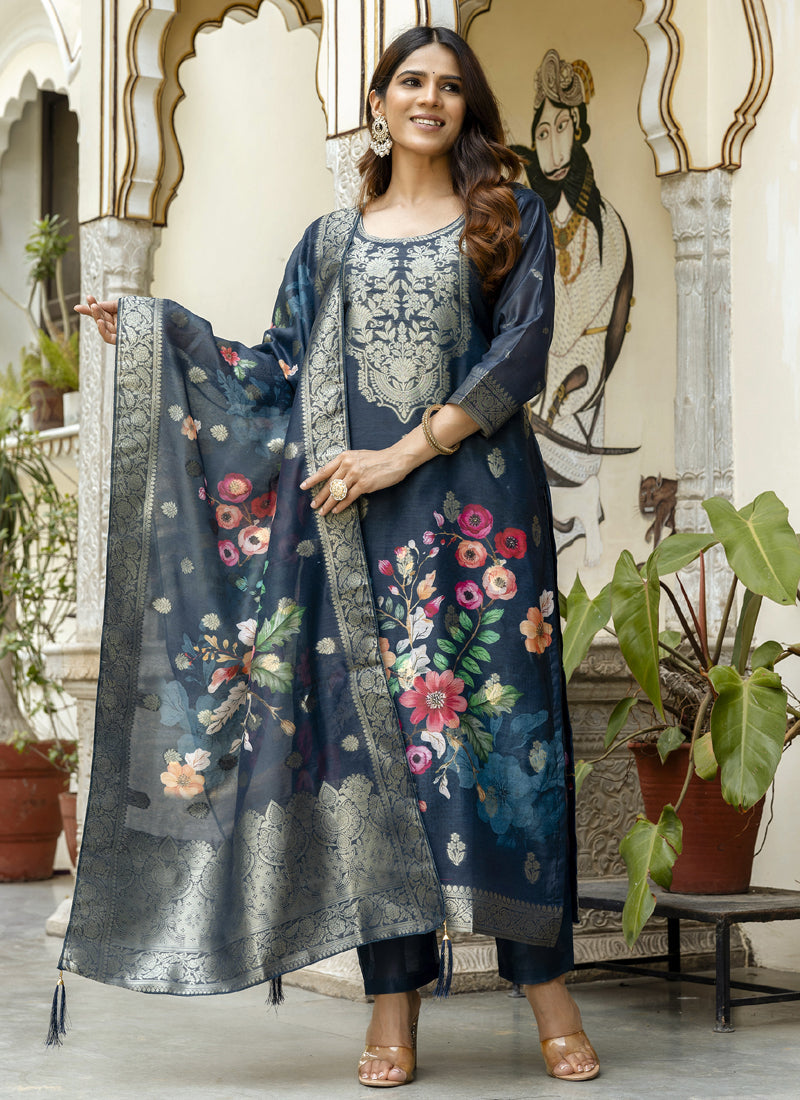 Grey viscose silk designer suit featuring detailed embroidery and gota patti work