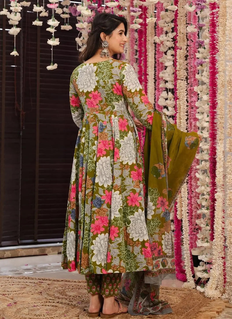 Mehendi Muslin Printed Designer Palazzo Suit Set with Dupatta
