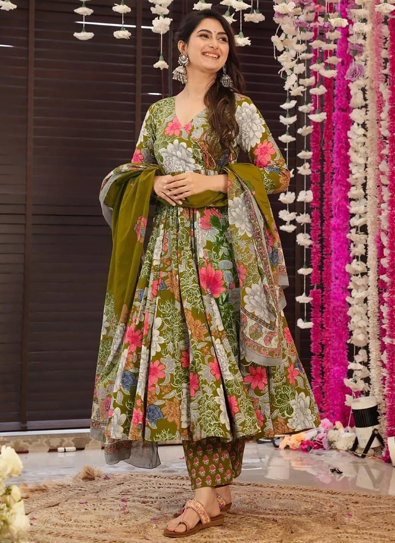 Mehendi Muslin Printed Designer Palazzo Suit Set with Dupatta