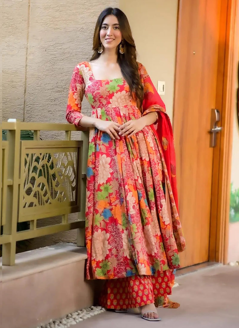 Orange Muslin Printed Designer Palazzo Suit for Festive Wear