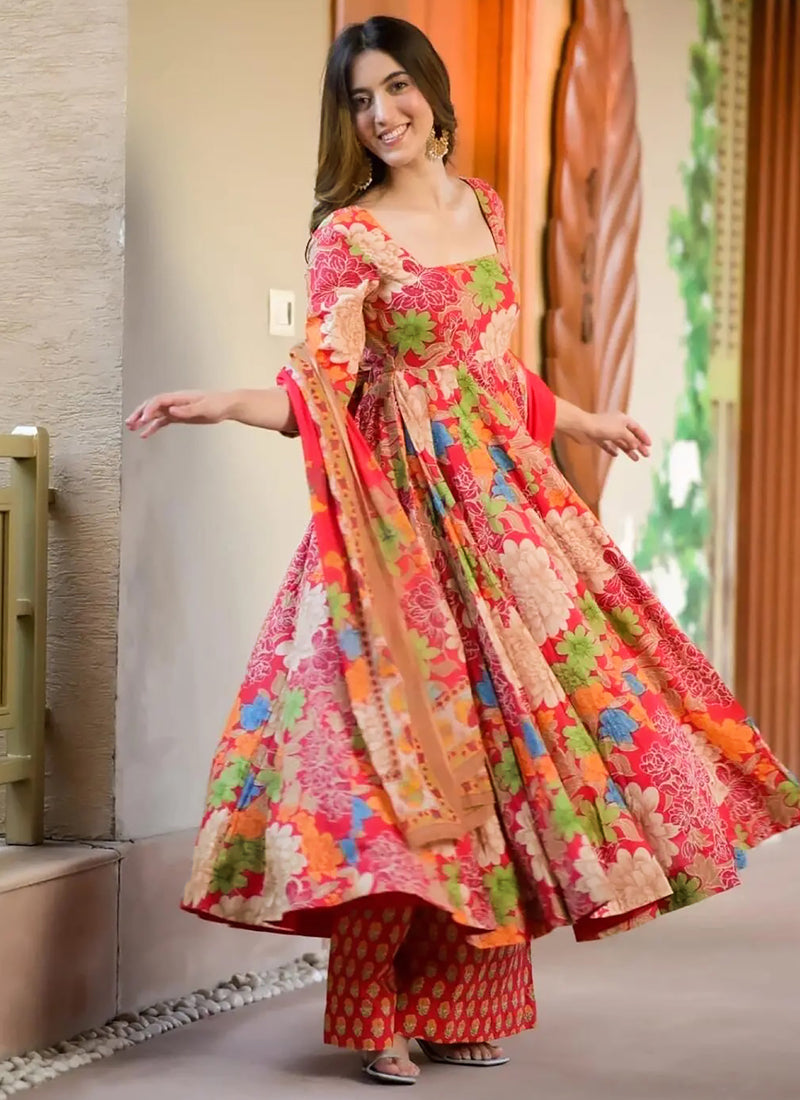 Vibrant Orange Muslin Printed Palazzo Suit with intricate embroidery details