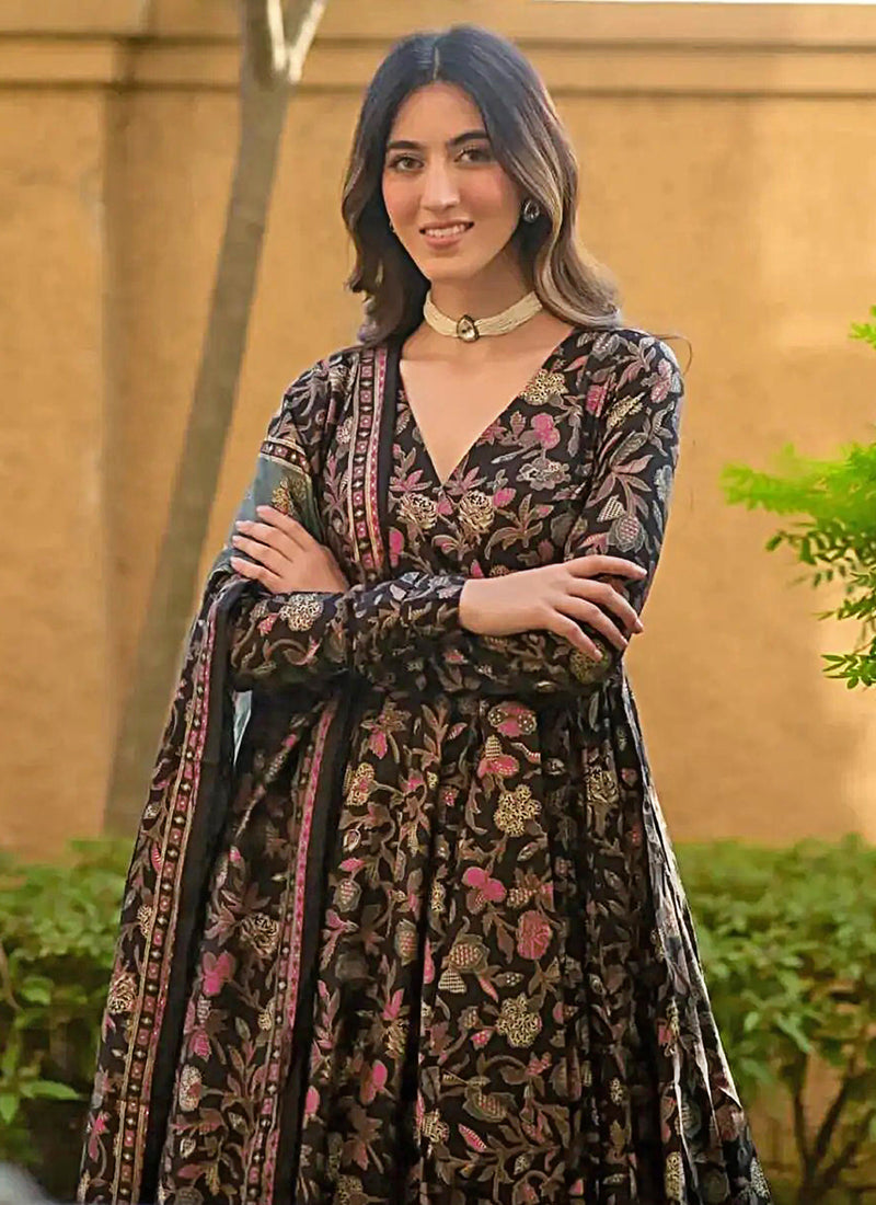 Black Muslin Printed Designer Palazzo Suit for Parties