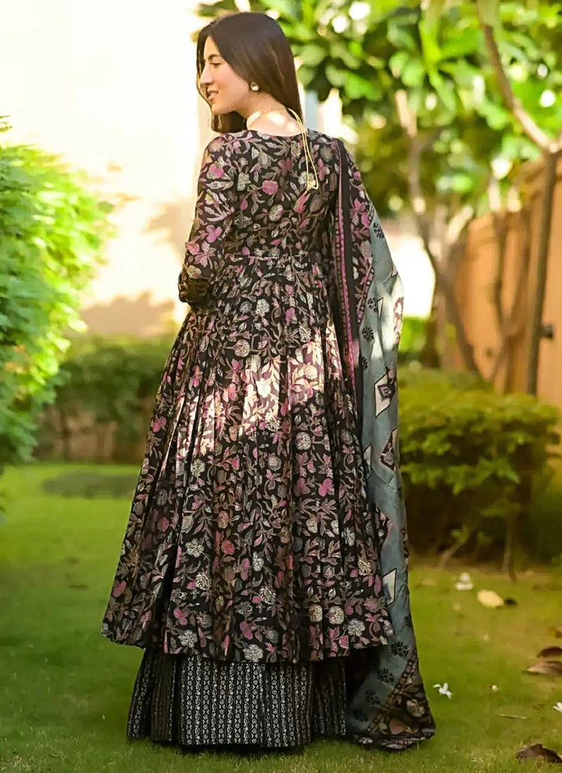 Black Muslin Printed Designer Palazzo Suit for Parties