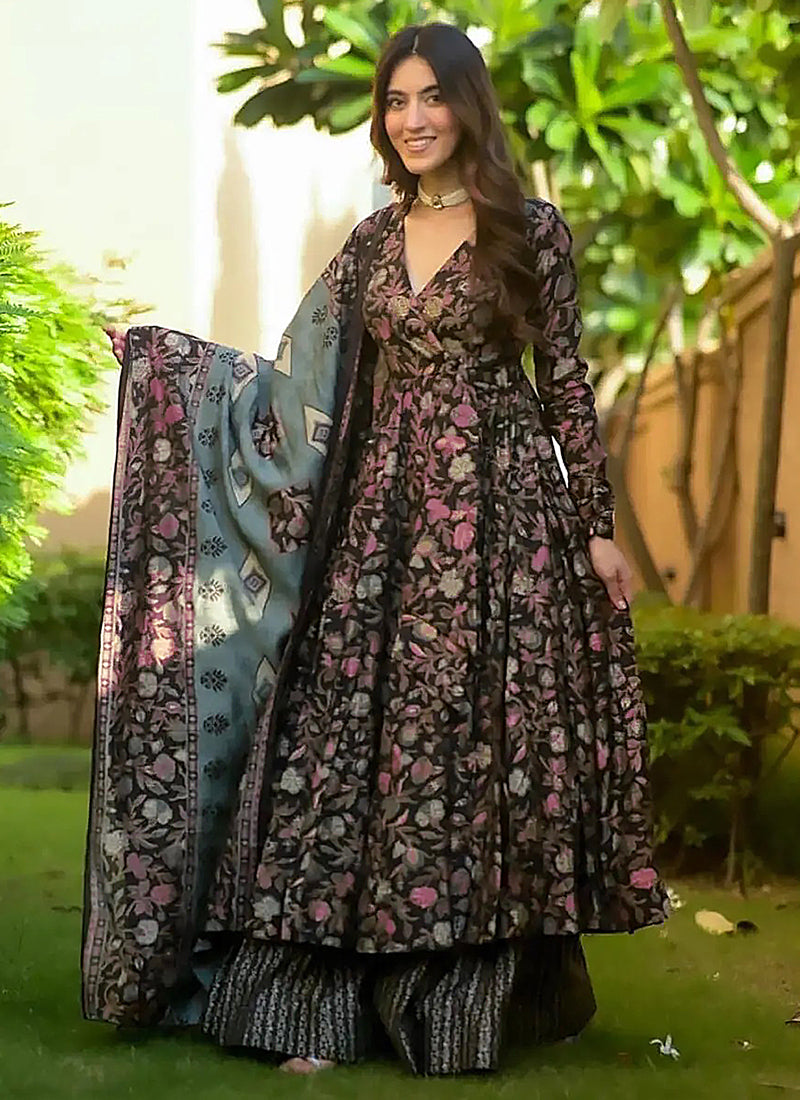 Black printed muslin palazzo suit with designer gota patti embellishments
