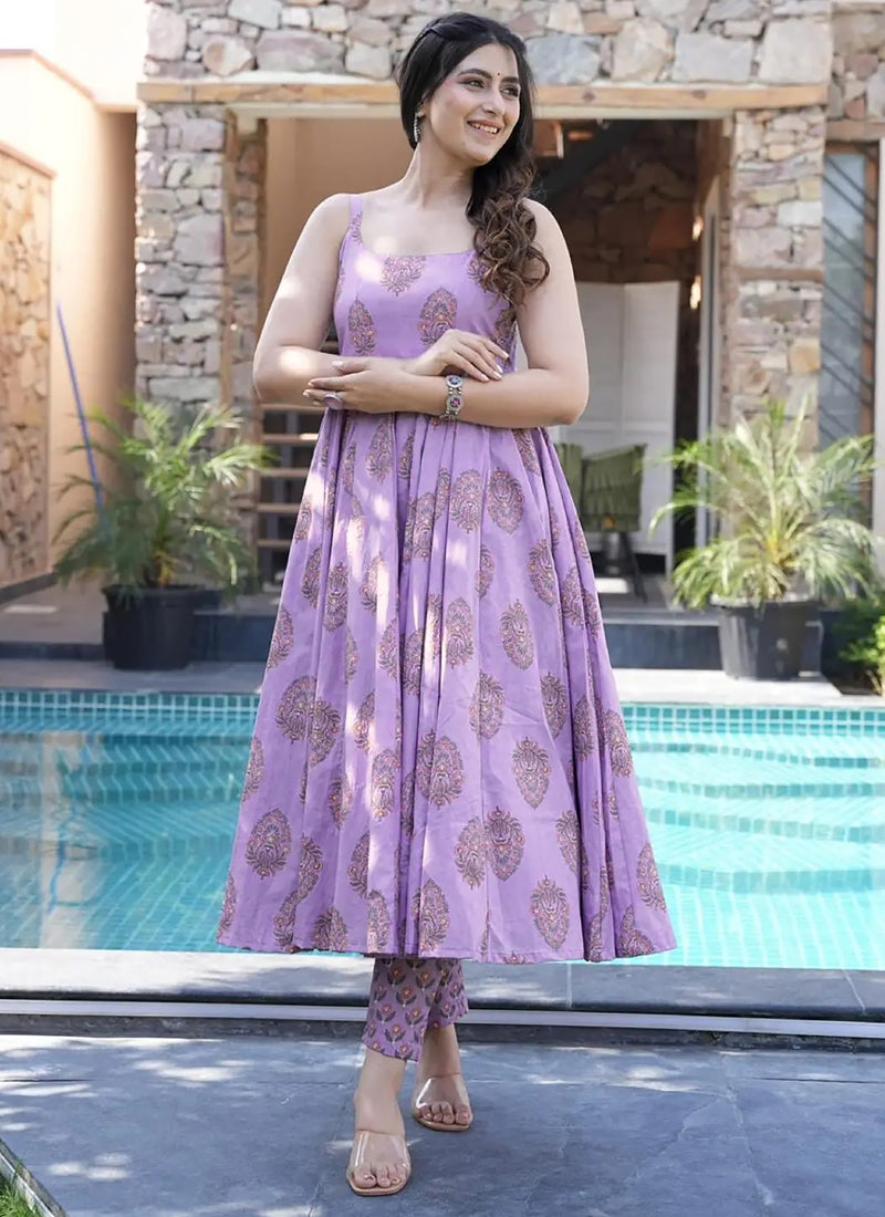 Lavender Muslin Printed Palazzo Suit Set with Gota Patti Work