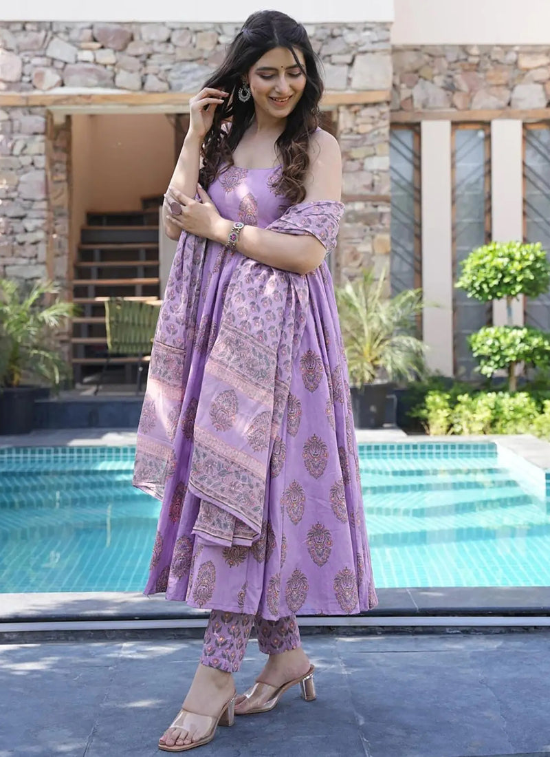 Lavender Muslin Printed Palazzo Suit Set with Gota Patti Work