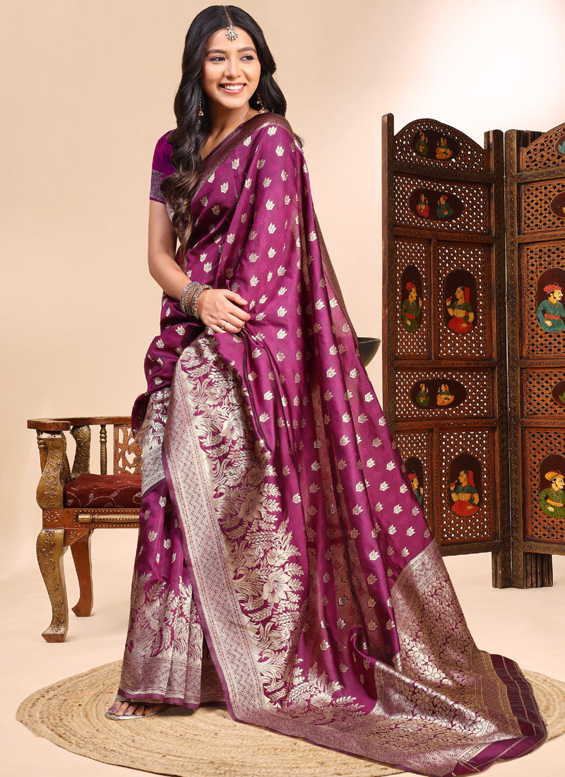 Wine Lichi Silk Embroidered Saree for Wedding Wear