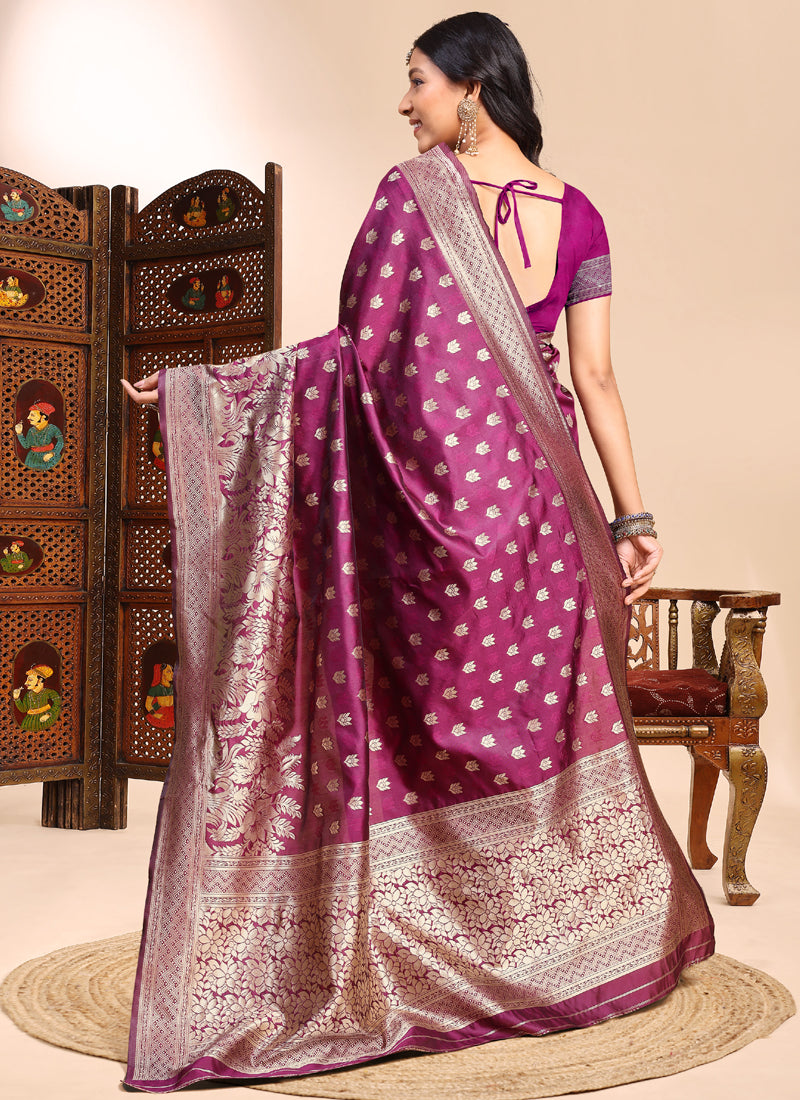 Wine Lichi Silk Embroidered Saree for Wedding Wear