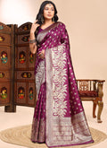 Sophisticated Wine Lichi Silk saree with heavy lace border detail