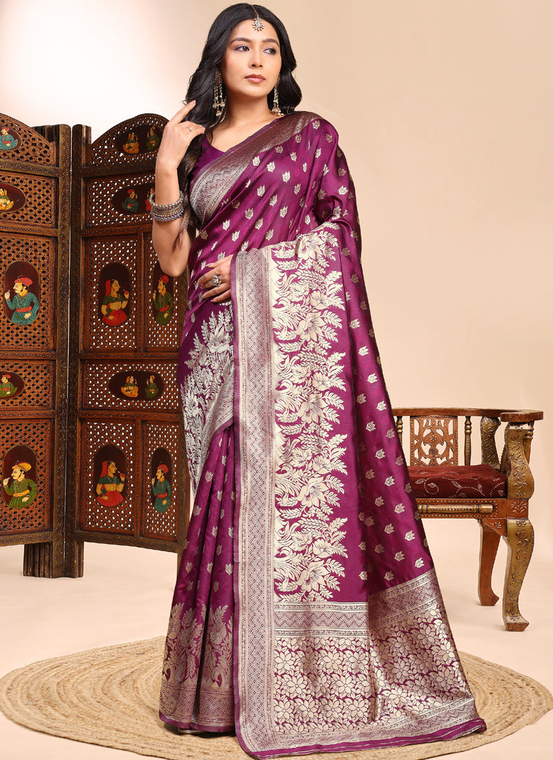 Sophisticated Wine Lichi Silk saree with heavy lace border detail